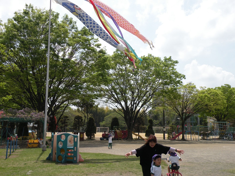 大空を気持ちよさそうに泳いでいる鯉のぼり！園庭では伸び伸びと体を動かして遊ぶ子ども達！